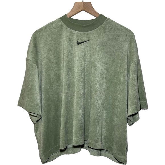 Nike Mock Neck Short Sleeve Terry Top in Oil Green - Picture 3 of 8